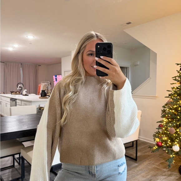 One arrival mock neck knit taupe white Women's Sweater - Picture 12 of 12